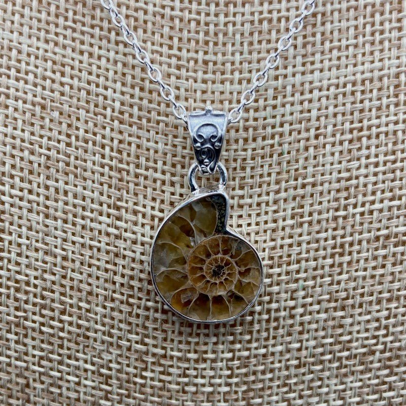 Close Up Of Sterling Silver Ammonite Necklace, Chain And Hardware Are Sterling Silver The Pendant Is A Brown And Tan Ammonite Fossil