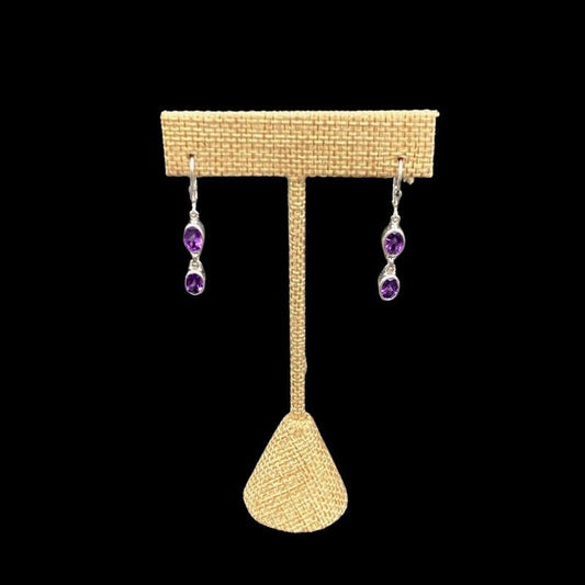 Sterling Silver And Amethyst Gemstone Dangle Earrings, Each Earring Has 2 Gemstones On It, They are Small ,Oval Cut And Deep Purple