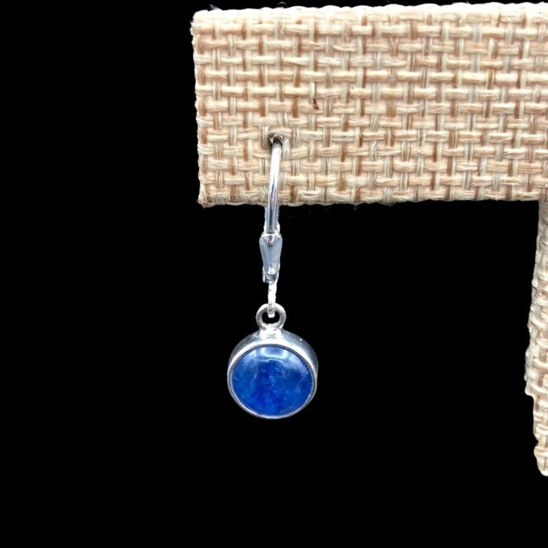 Close Up Of Sterling Silver And Kyanite Dangle Earrings, Smooth Polished Navy Blue