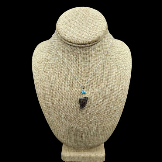 This is the front view of this Sterling Silver and black rutilated Quartz and blue Topaz necklace