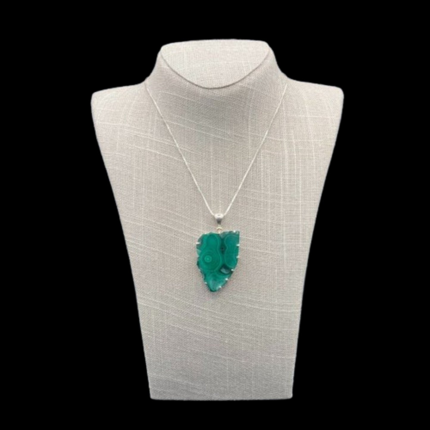 Malachite Pendant Necklace Jewelry, Sterling Silver Box Chain With Large 4-5 Tone Green Swirled Malachite Pendant