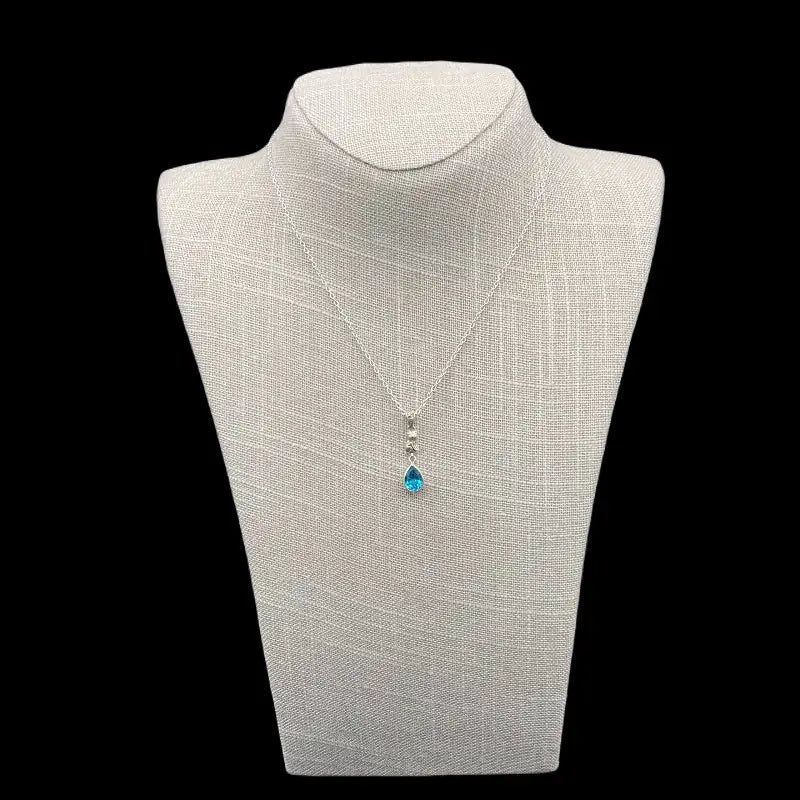 Sterling Silver Cat Blue Topaz Gemstone Necklace, Gemstone Is A Bright Ocean Blue Color And Above It Is A Small Cat Pendant