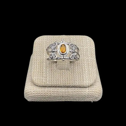 Front View Of Sterling Silver Dragonfly Citrine Gemstone Ring,