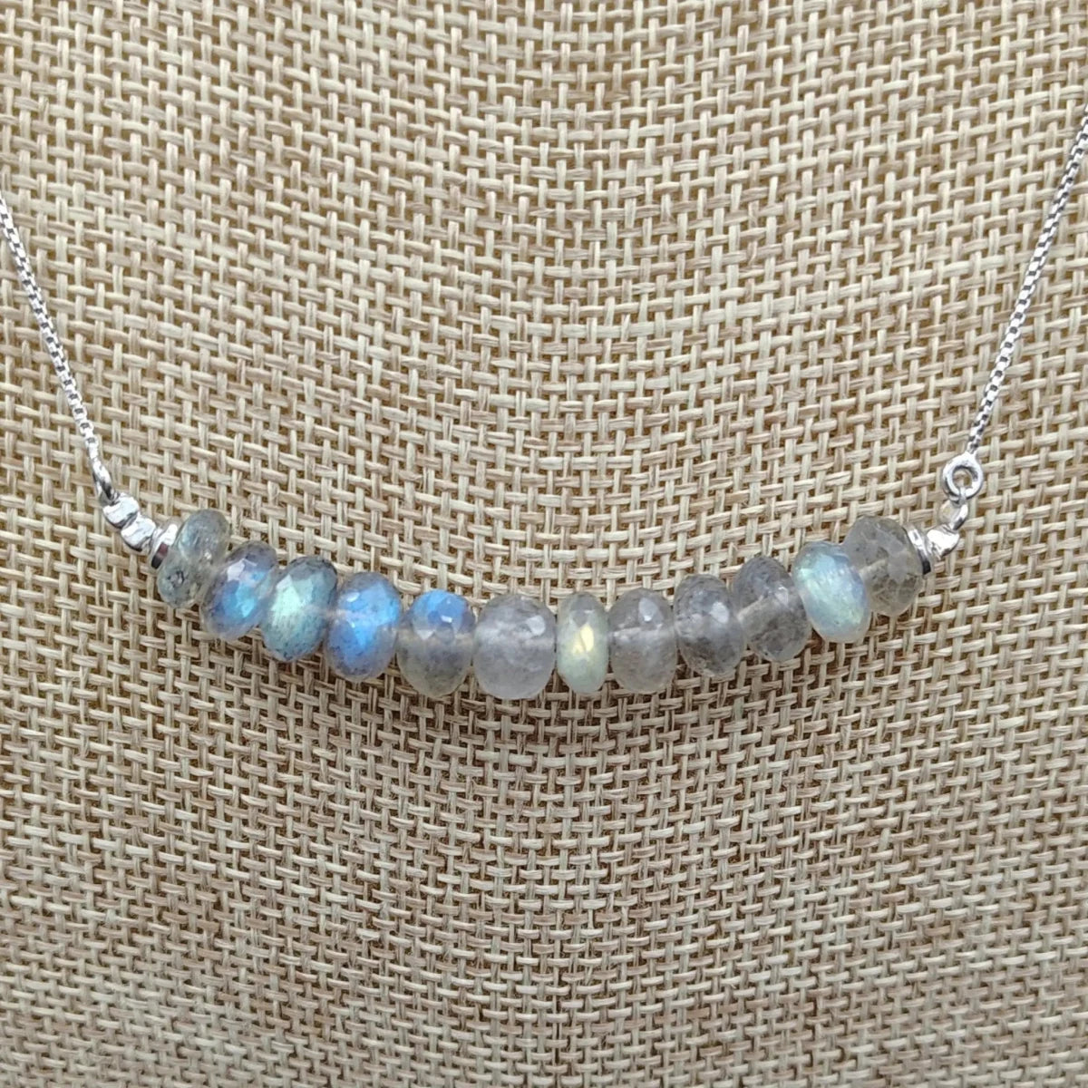 This is a close up of the 12 iridescent polished Labradorite beads 