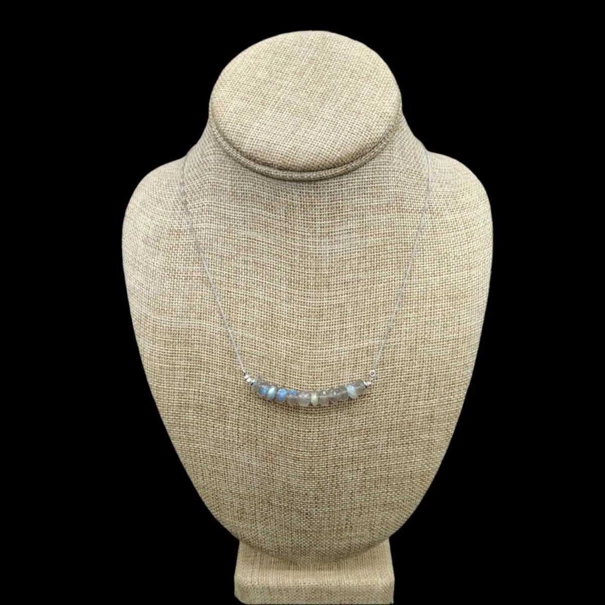 This is the front view of this gorgeous Sterling Silver and Labradorite beaded necklace