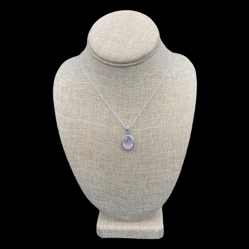 Sterling Silver And Light Pink Rose Quartz Pendant Necklace, Pendant Is Oval In Shape