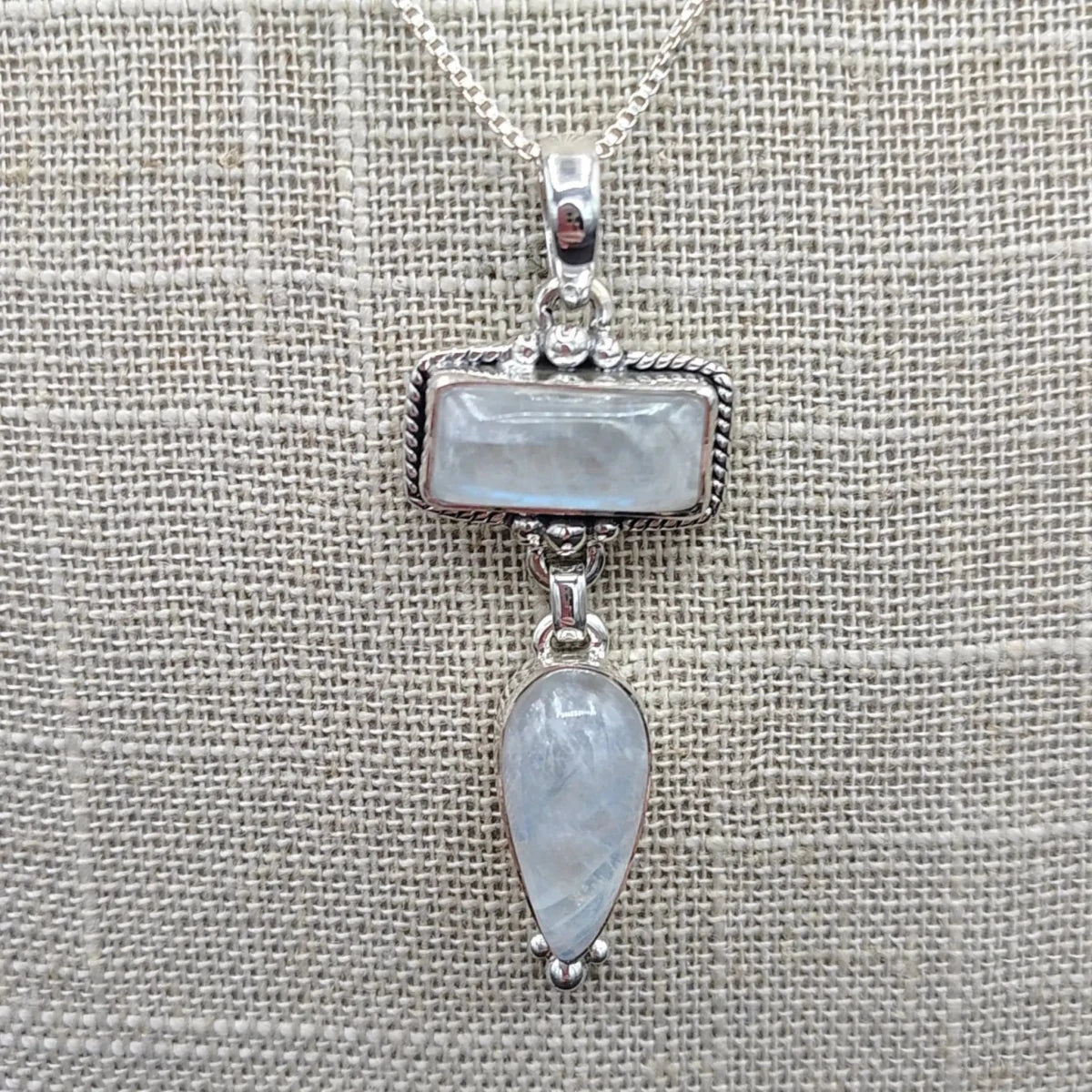 This is a close up of the Sterling Silver and Moonstone pendants