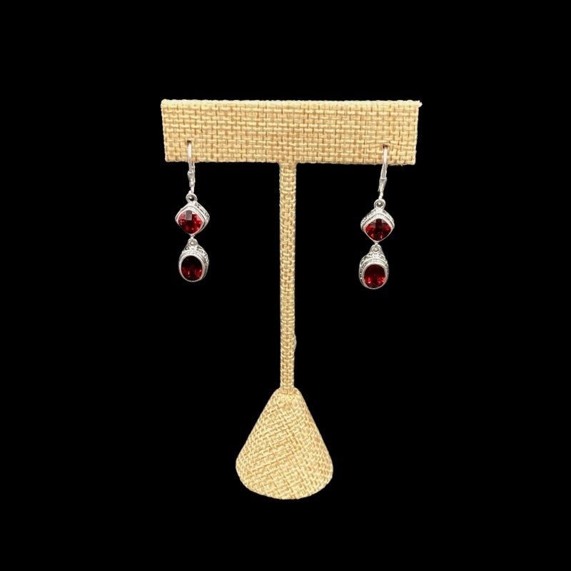 Sterling Silver Oval And Diamond Shaped Garnett Gemstone Dangle Earrings, Gemstones Are a Deep Red