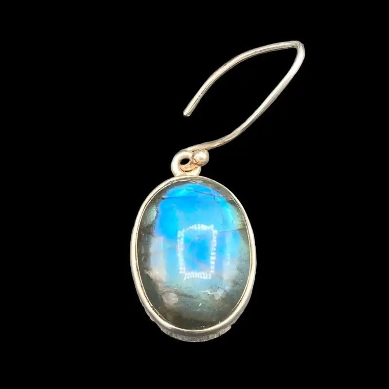 Close Up View Of Sterling Silver Oval Labradorite Dangle Earrings, Silver, Blue, And Green In Color