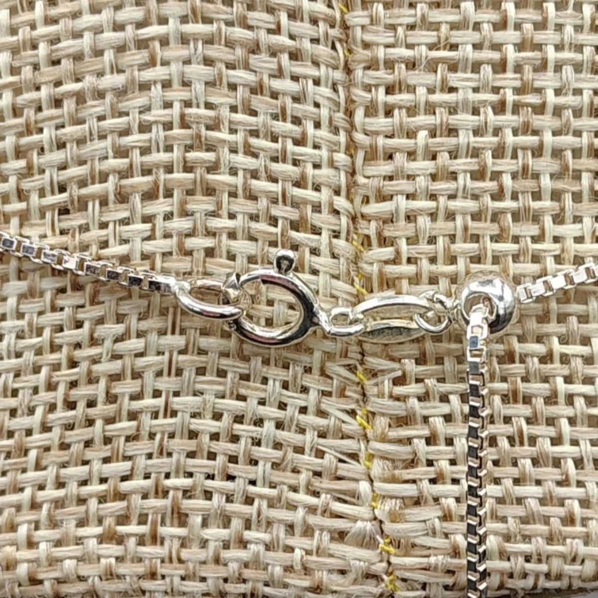 This is a close up of the Sterling Silver spring ring clasp on this adjustable Sterling Silver box chain necklace