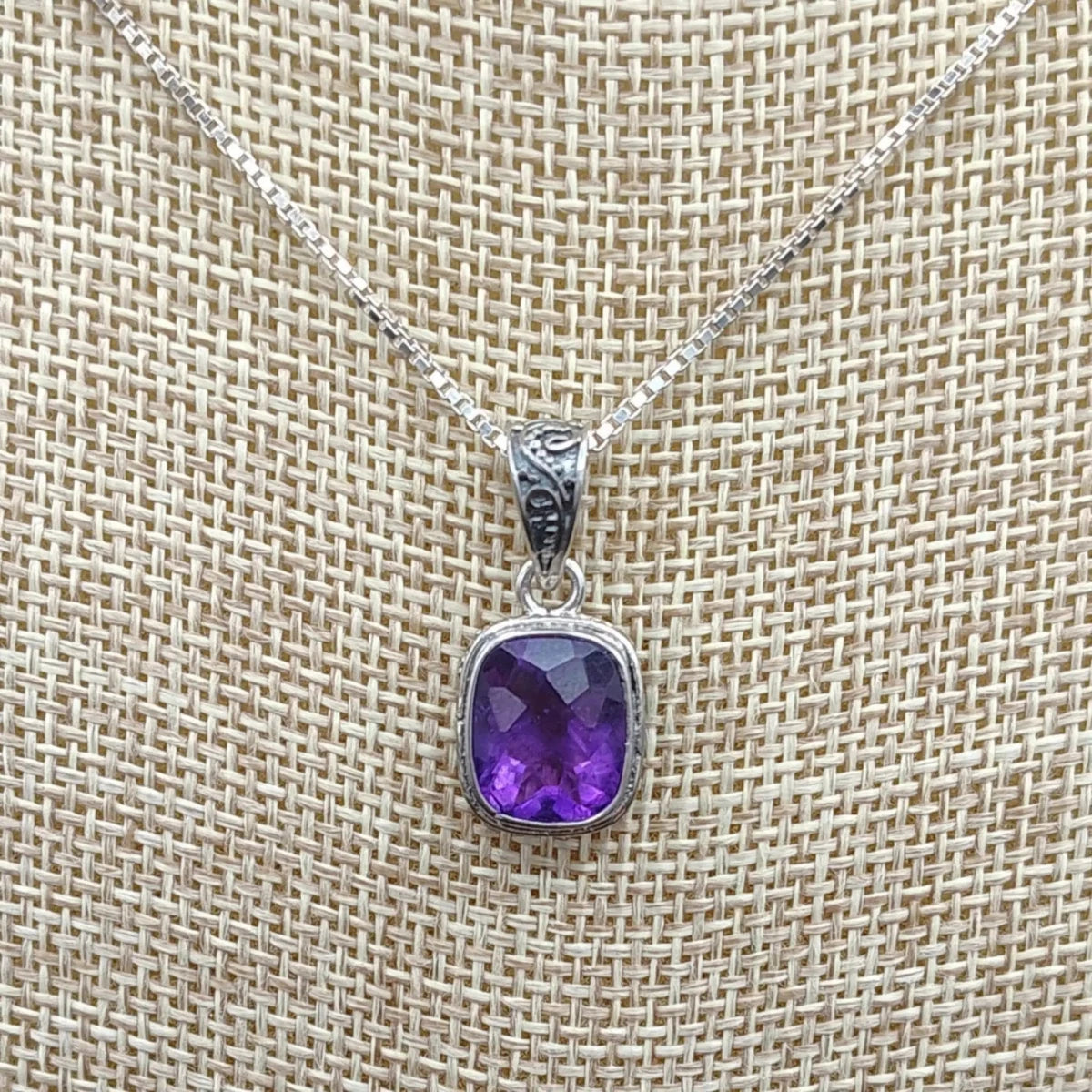 This is a close up of the Sterling Silver Amethyst pendant
