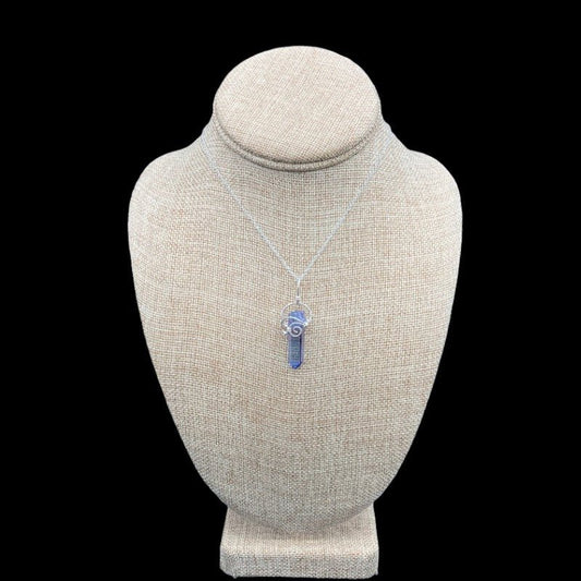 Sterling Silver Wire Wrapped Aqua Aura Crystal Pendant Necklace, The Pendant Is Blue In Color