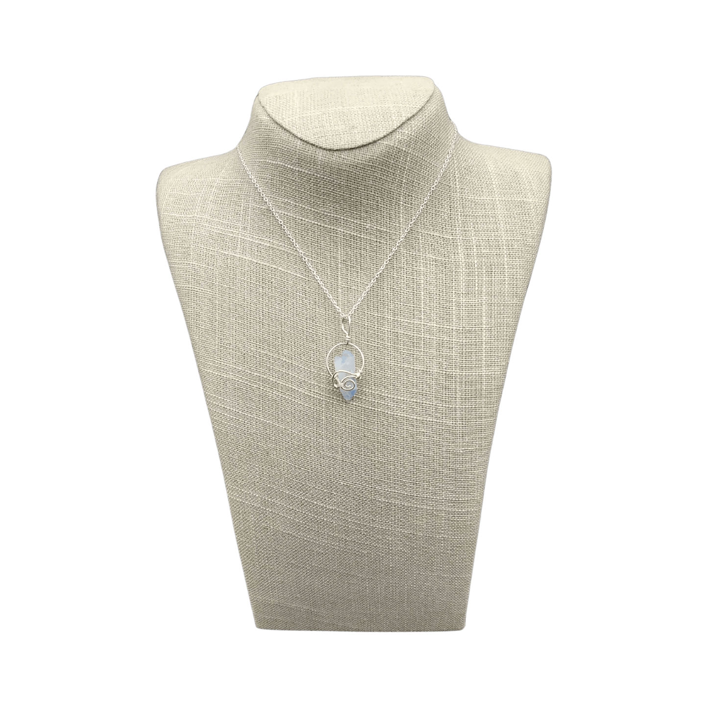 This is the front side of this Sterling Silver wire wrapped blue Dumotierite crystal necklace