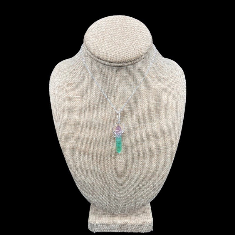 Sterling Silver Wire Wrapped Fluorite Crystal Point Necklace. Silver, Green, And Purple In Color