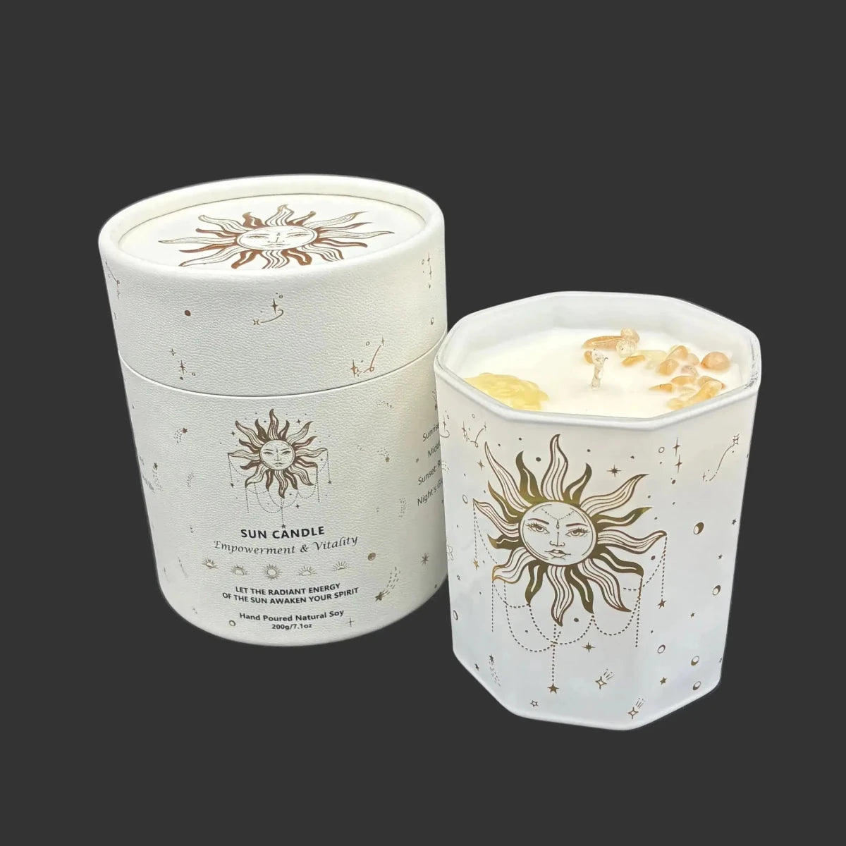 Front side of this sun candle and the container that is included in front of a black background.