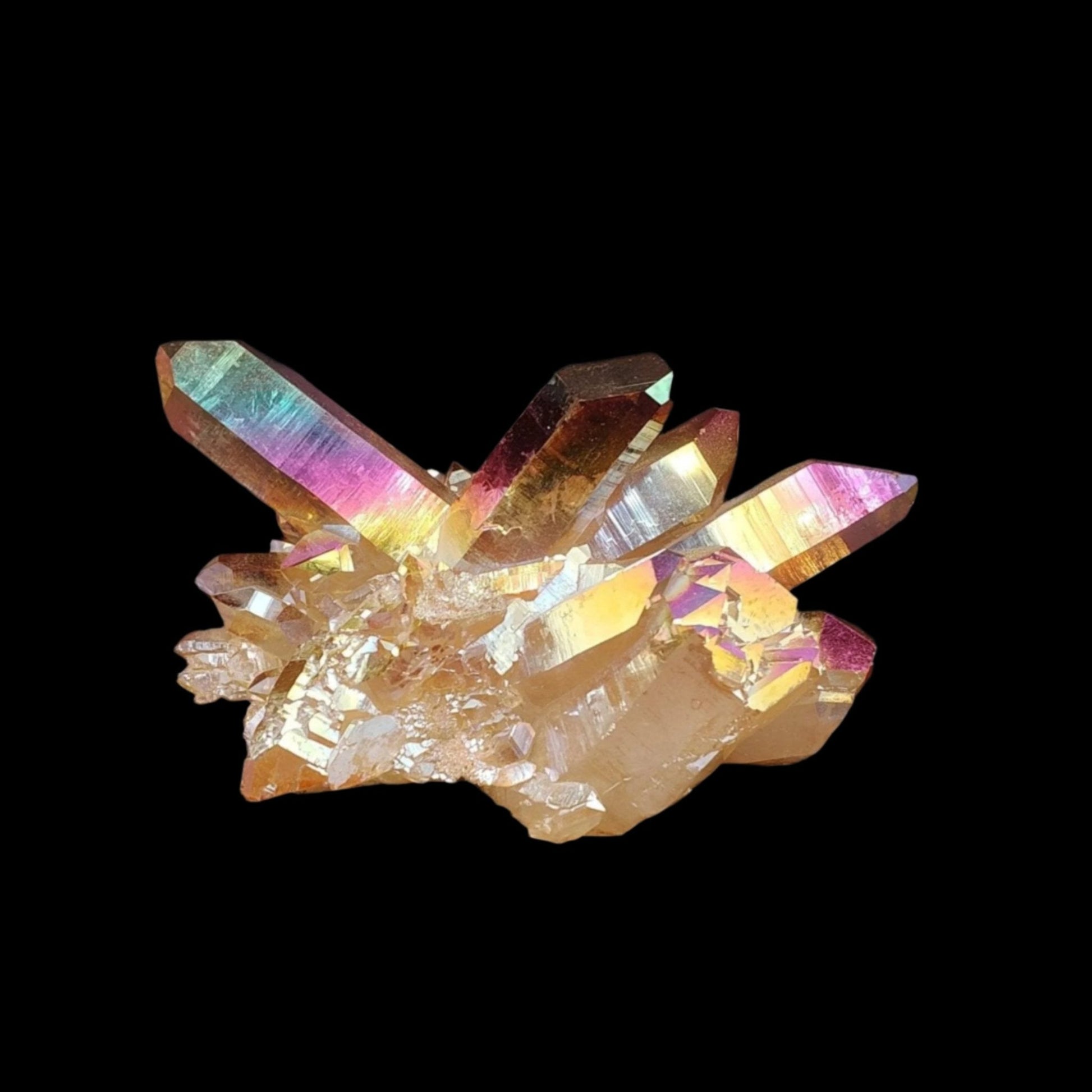 This is the back side of this sunset aura Quartz cluster