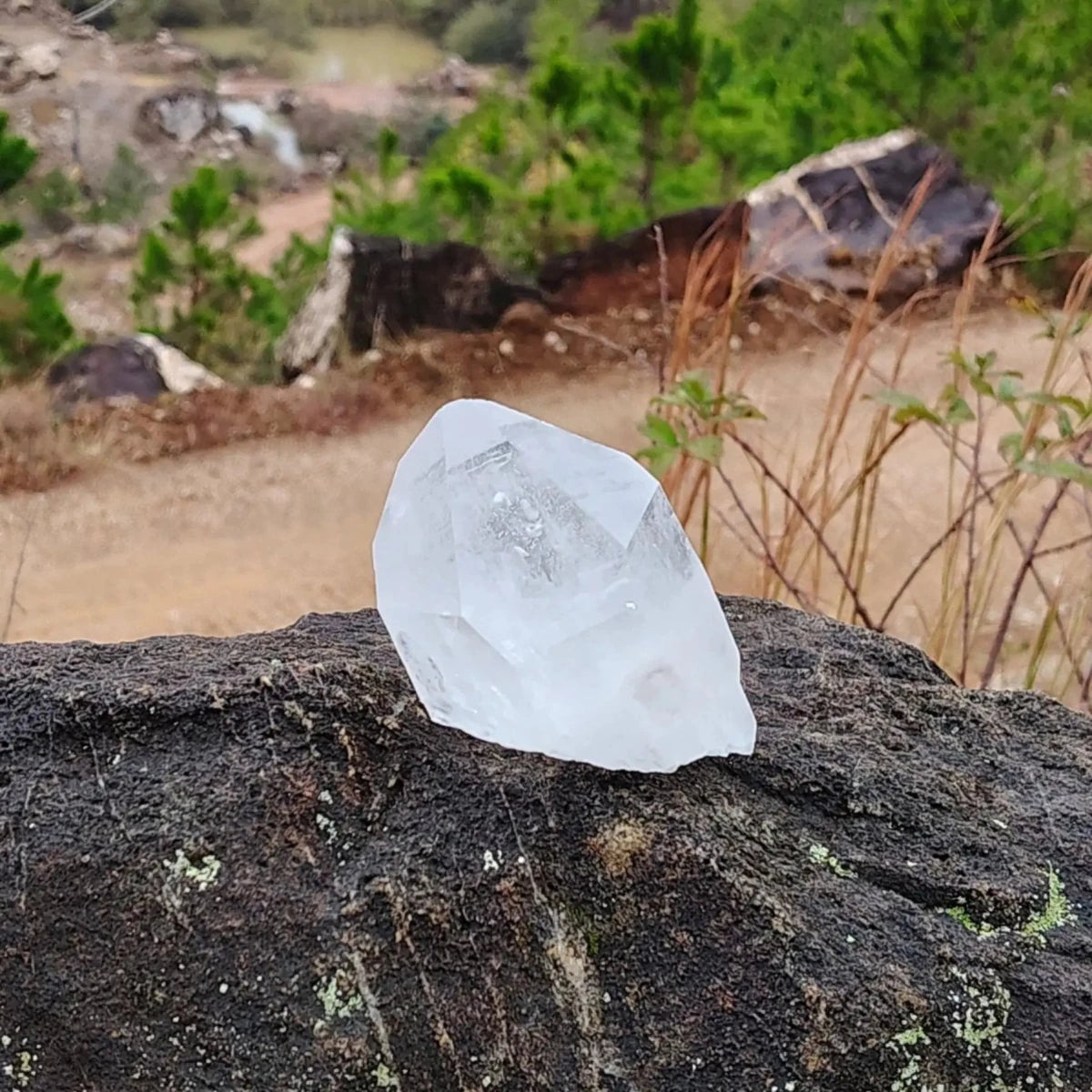 This is the front side of this single Quartz crystal point outside in natural light