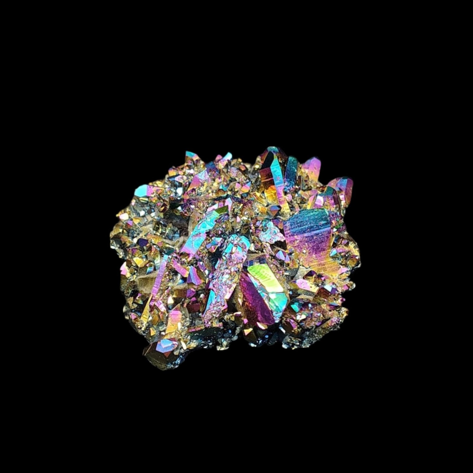 This is the right-side view of this rainbow titanium quartz cluster