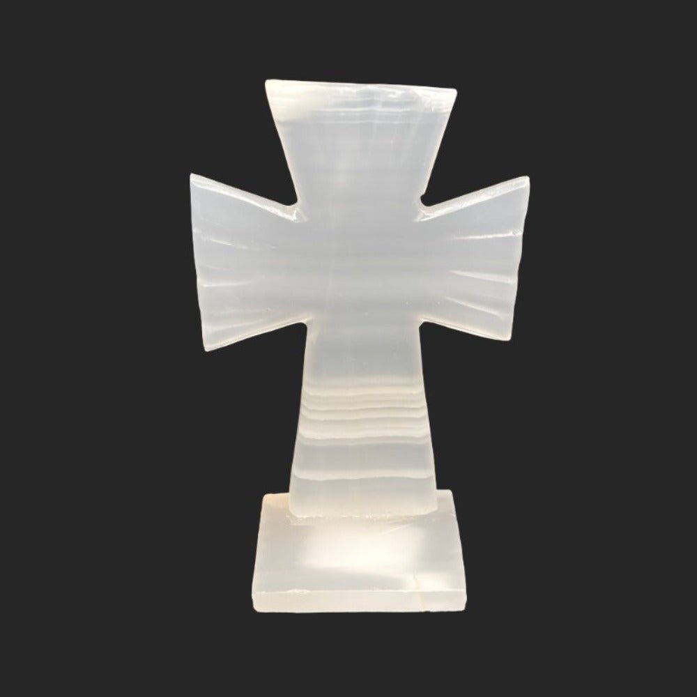 Translucent Calcite Cross With Square Base Home Decor. This Is The Front View Of The Calcite Cross.