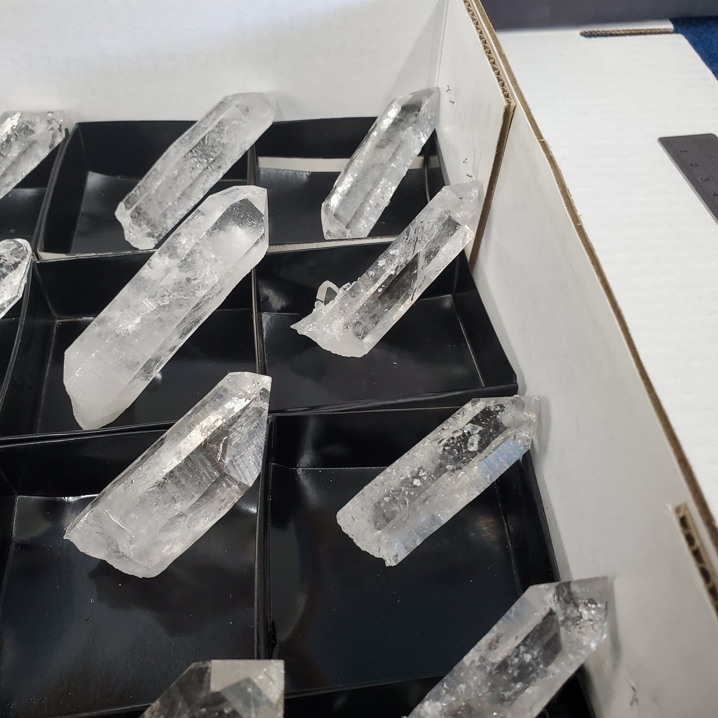 Close up Tray of 24 Crystal Points Water Clear