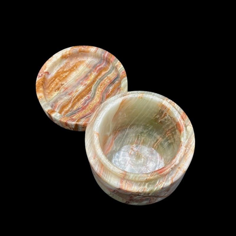 Inside View Of Round Onyx Trinket Box With Lid Banded Colors Are Brown, Green, Cream, Red