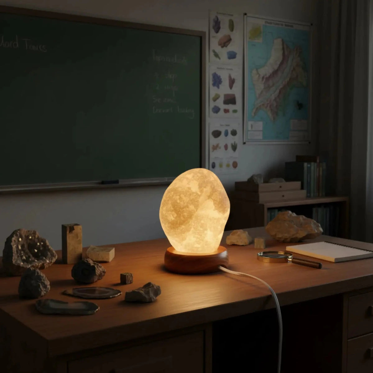 Tumbled Quartz Crystal Table Lamp With the Light Turned on Wood Base, in a Classroom.