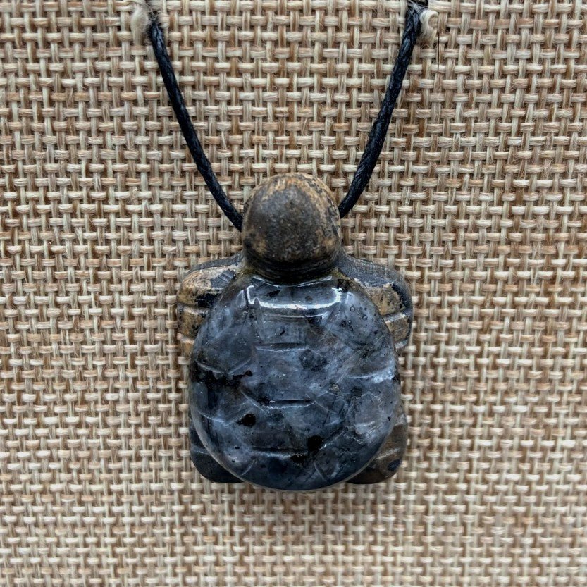 Turtle Necklace On Adjustable Black Cord Body is Brown and Shell Is Gray Agate