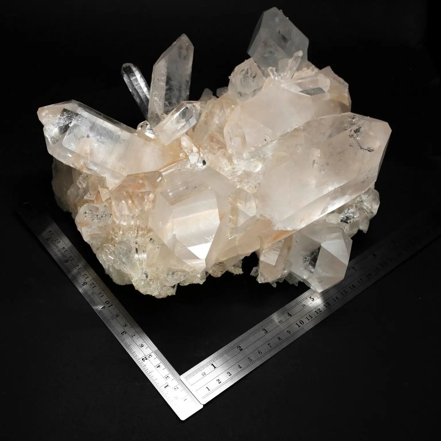 Two Metal Rulers Beside A Uniquely Formed Quartz Crystal Cluster