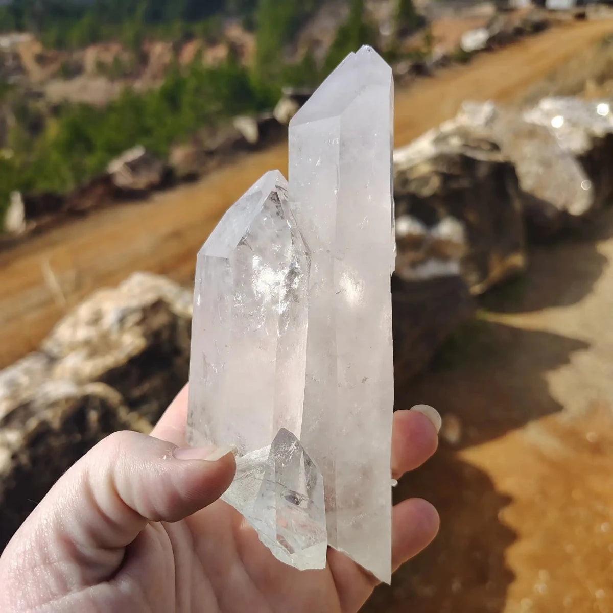 This is the back angle of the twin Quartz points, and the point on the left is clearer than the one on the right.