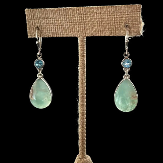 Silver Pear Variscite Blue Topaz Drop Pierced Earrings