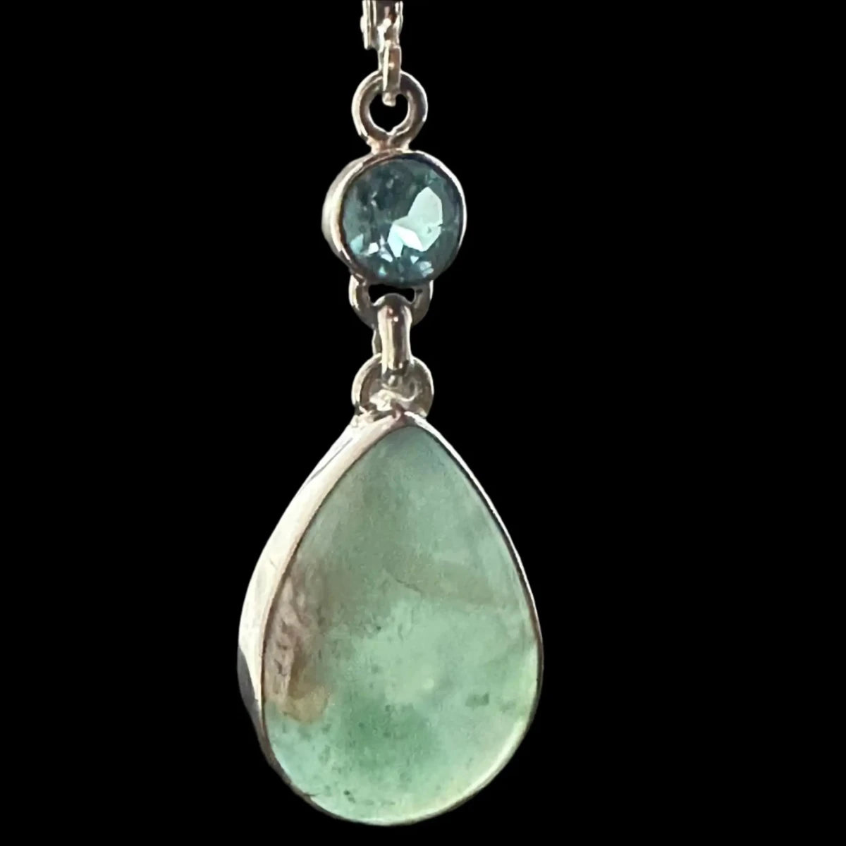 Close Up Blue Topaz Round Brilliant Cut And Variscite Pear Bezel Set Earrings