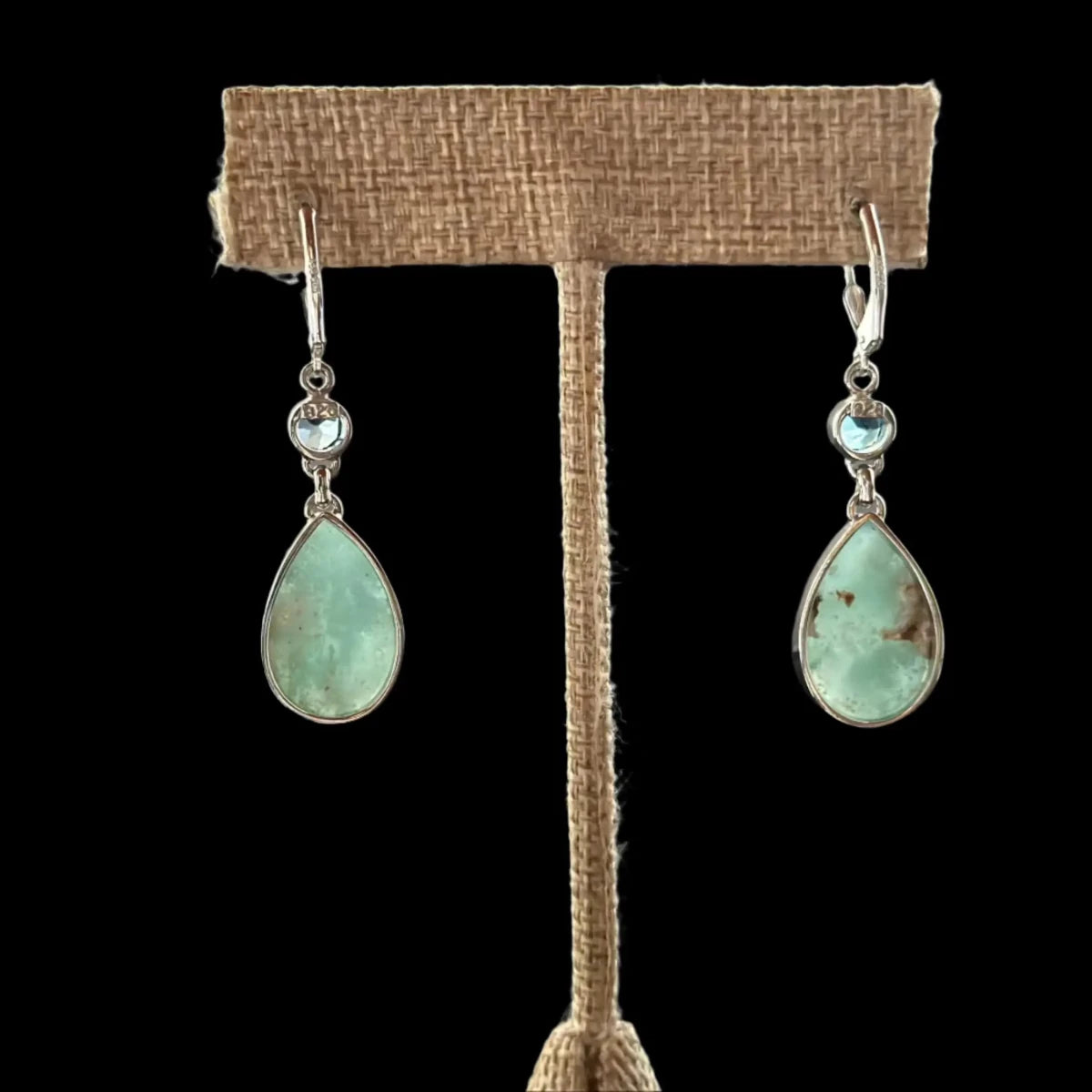 Back View Of Sterling Variscite Earrings With Blue Topaz