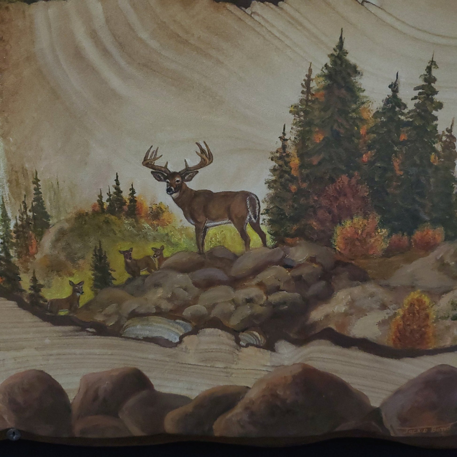 Buck, deer, waterfall, soaring eagle painting on sandstone closeup