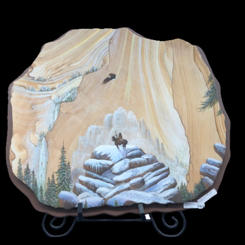 Native American On Snowcap Mountain Painted On Sandstone