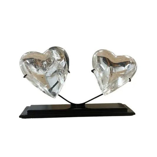 2 cut Quartz Crystal Hearts On Stand front view