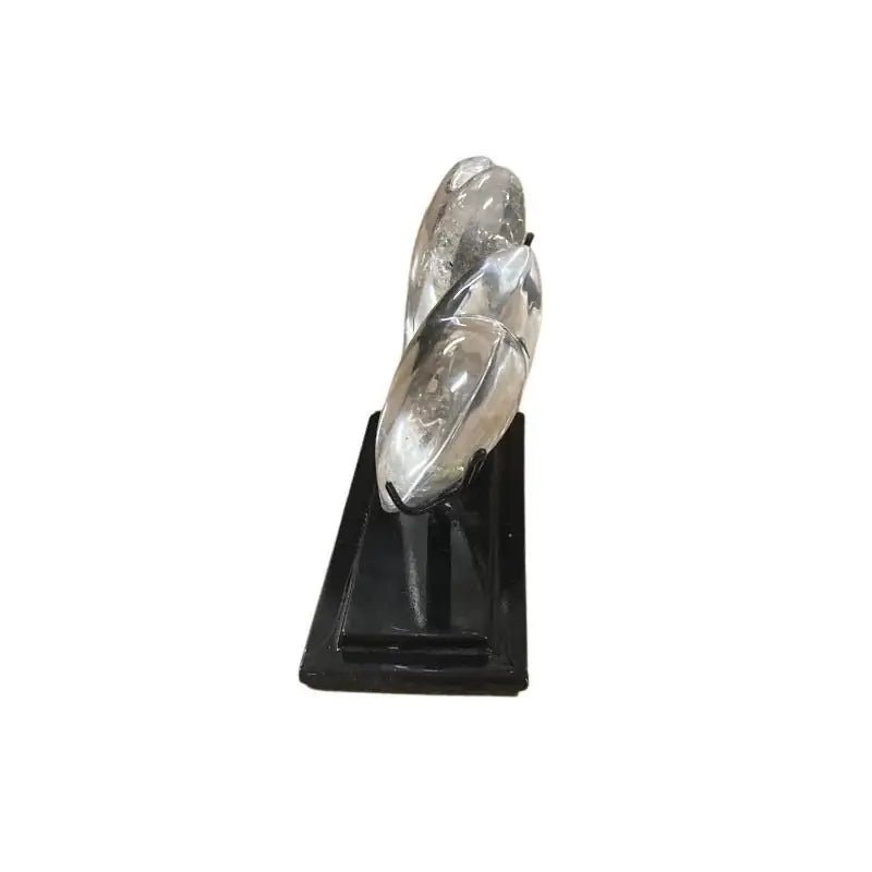 Side View Of 2 clear Crystal Hearts On Stand side view