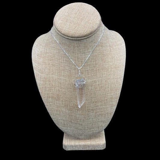 Water Clear Wire Wrapped Crystal Point Necklace, Wire Is Wrapped In a Curly Design Around The Crystal Clear Point