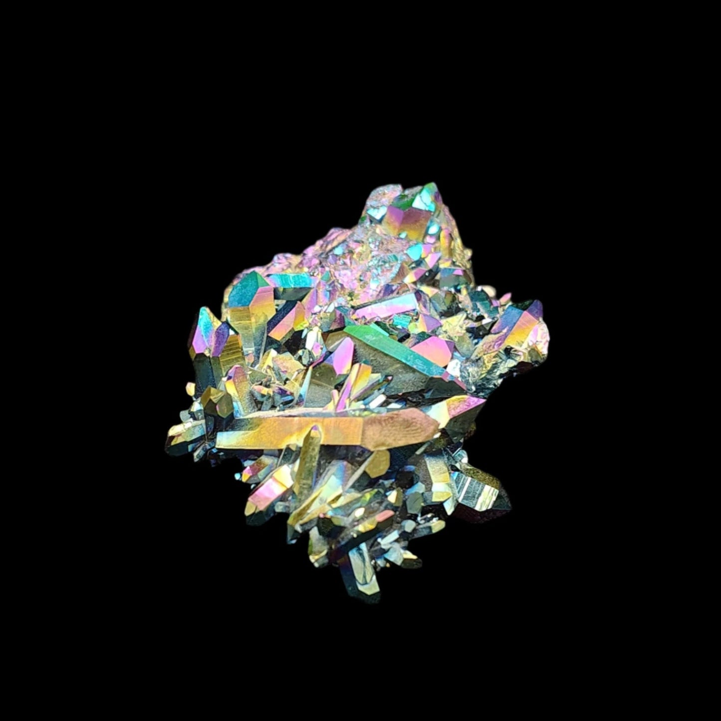 This is the right side view of this rainbow aura quartz cluster