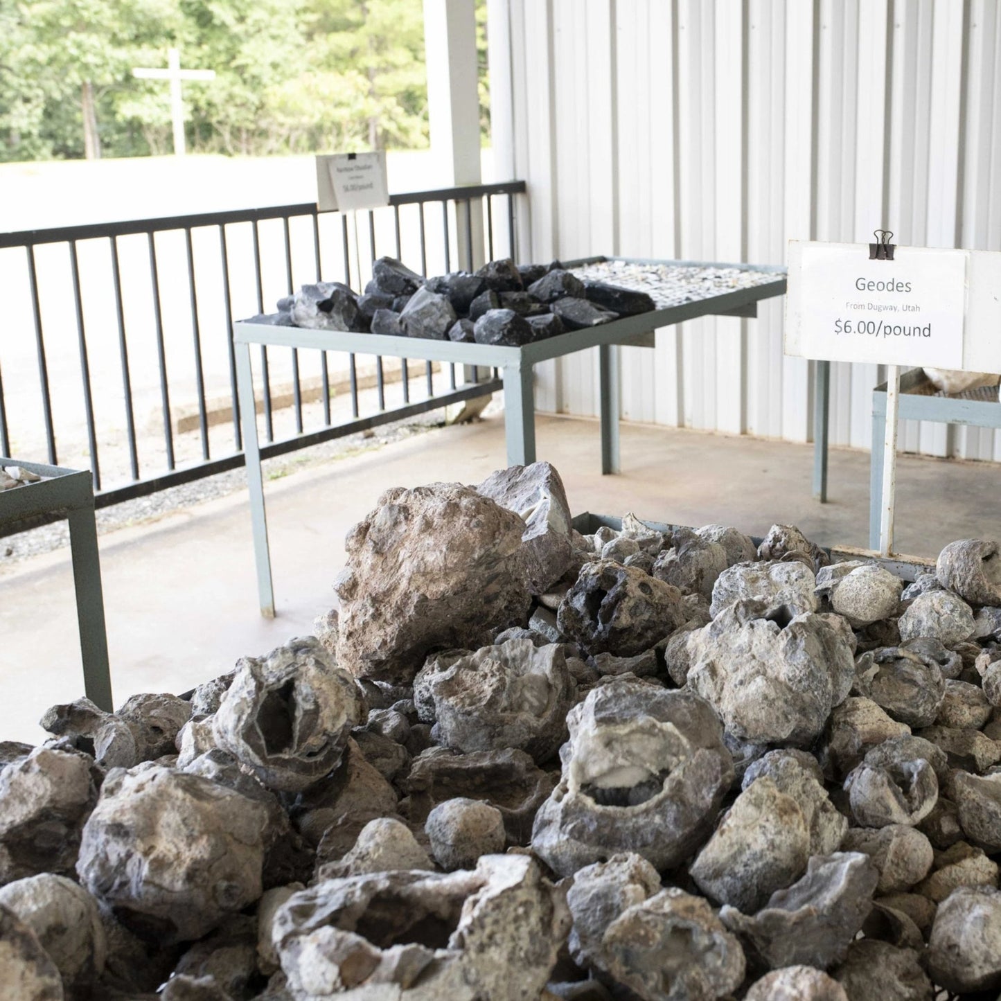 Large Whole Geodes On a table with other tables and rocks i n the background