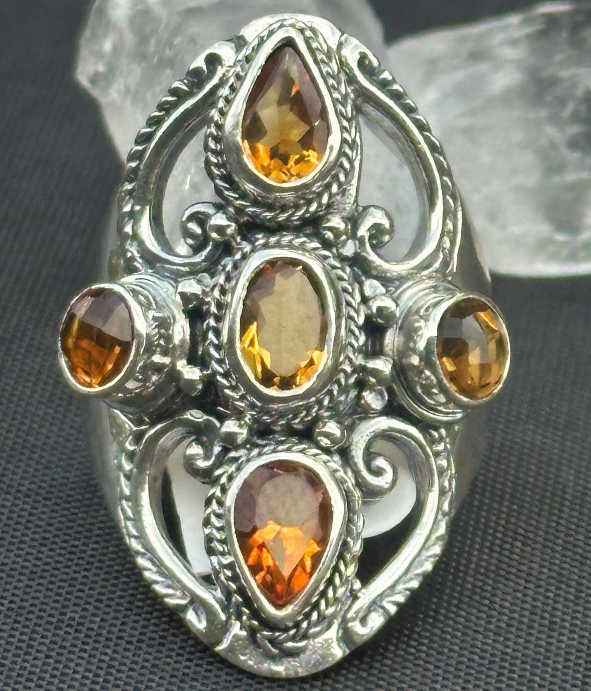 5 Stone Citrine Ring 2 Pear Brilliant Cut, 1 Oval Brilliant Cut and 2 Round Brilliant Cut