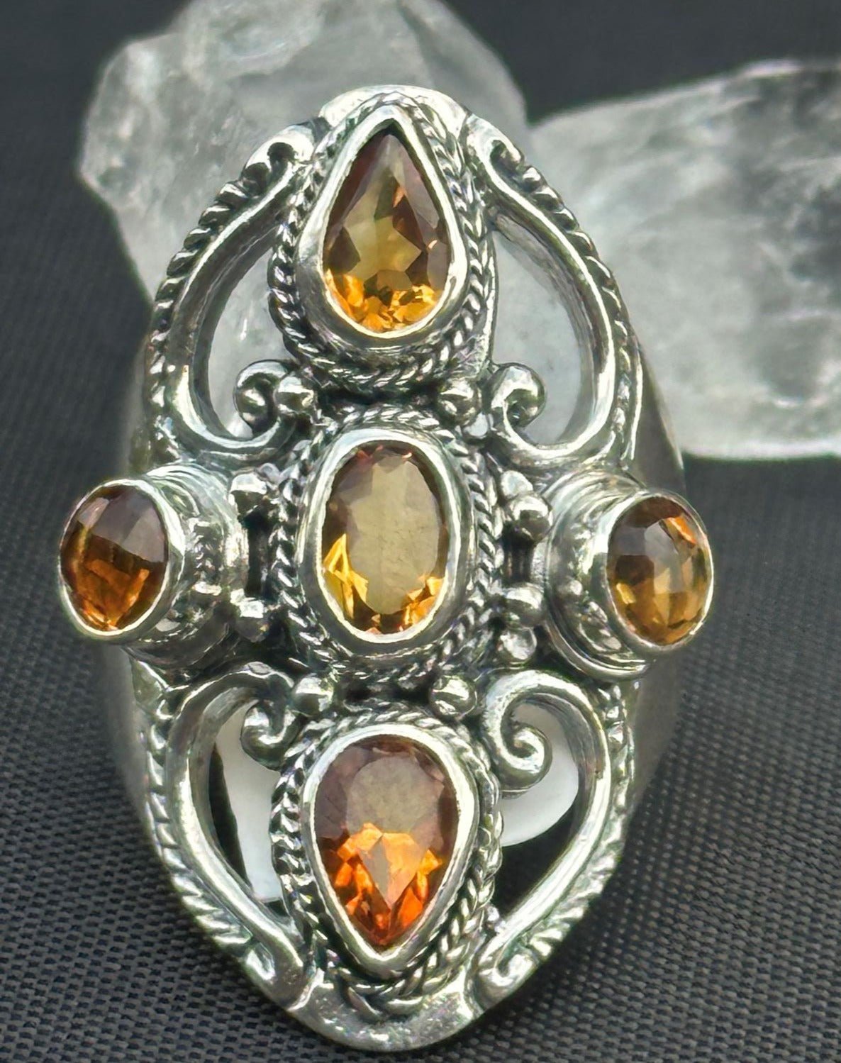 Citrine Sterling Silver Ring With Crystal Points In Background