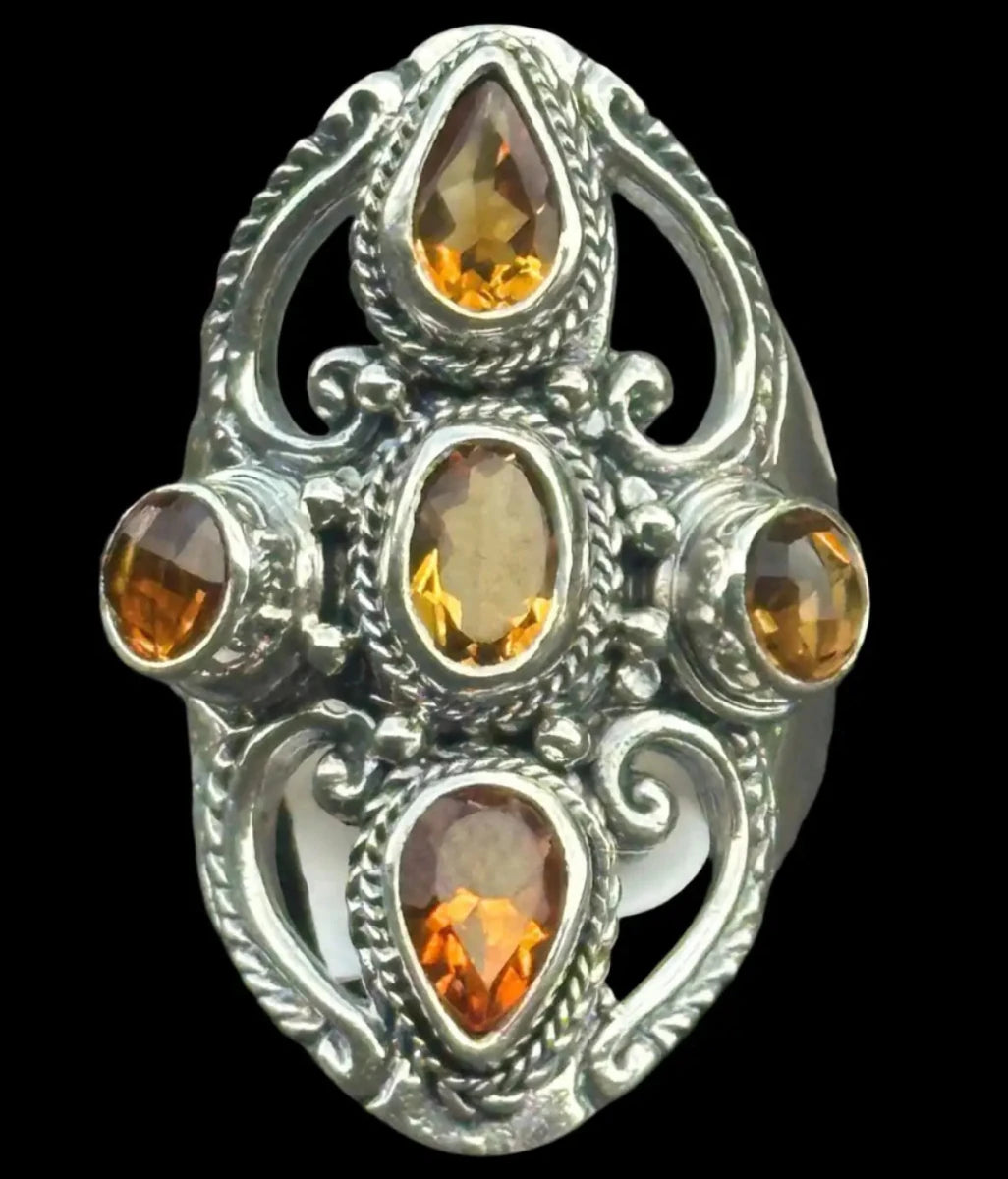 5 Stone Citrine Ring 2 Pear Brilliant Cut, 1 Oval Brilliant Cut and 2 Round Brilliant Cut