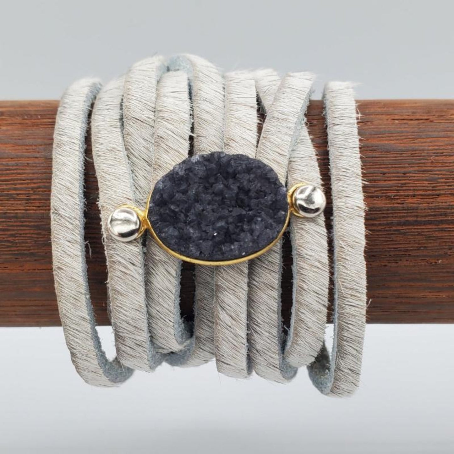 Cream Suede Wide Bracelet Navy Drusy Quartz