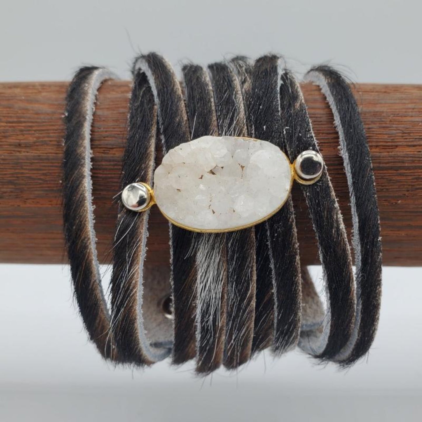 Black Suede Wide Bracelet with White Druzy