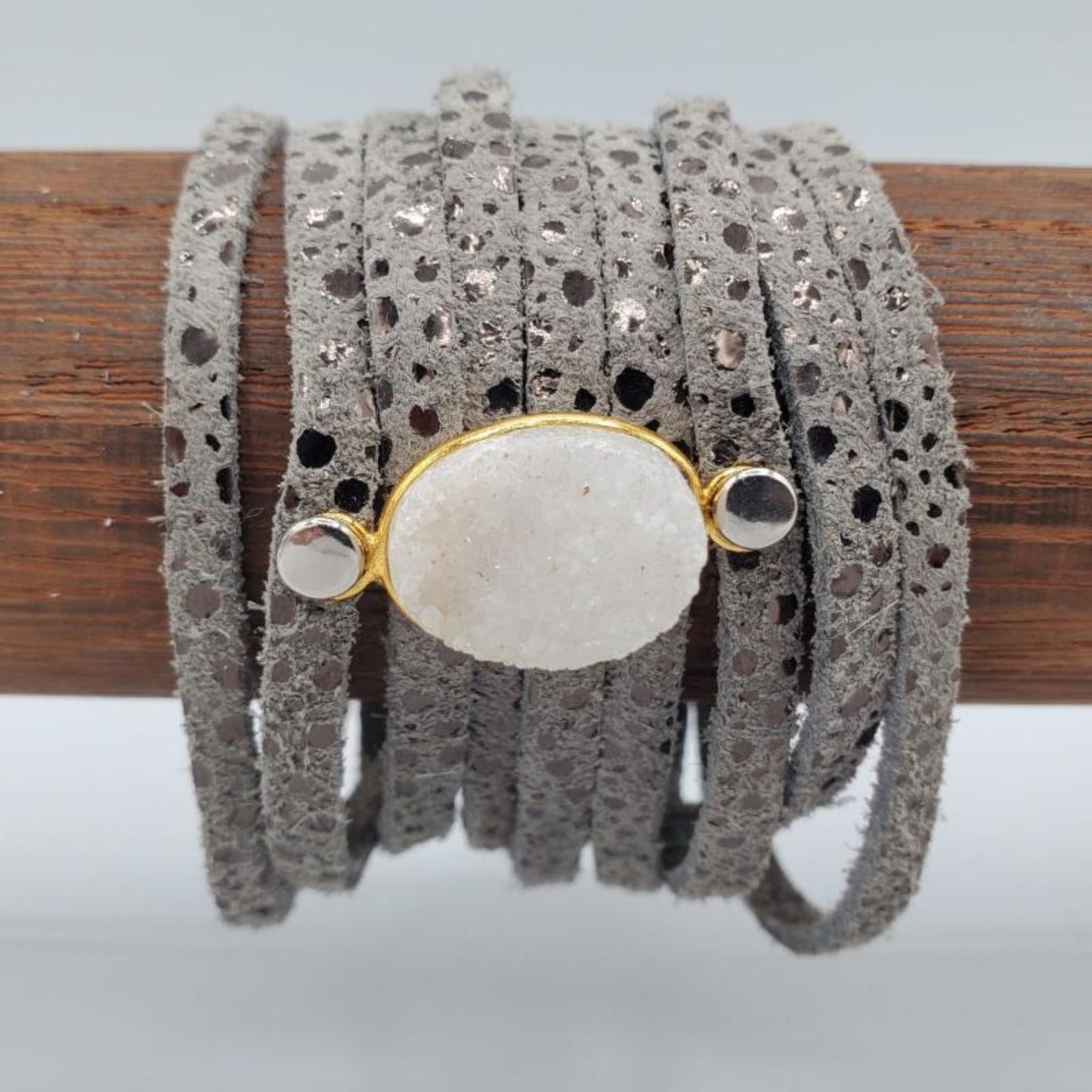 Spotted Grey Suede Bracelet with White Druzy