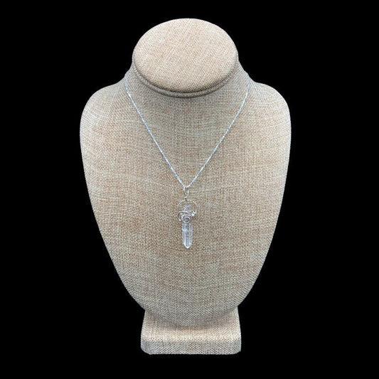 Sterling Silver Wire Wrapped Crystal Necklace On Silver Box Chain, This Is A Clear Crystal Point With Silver Wire Wrapped In A Curly Design To Hold The Crystal On The Necklace