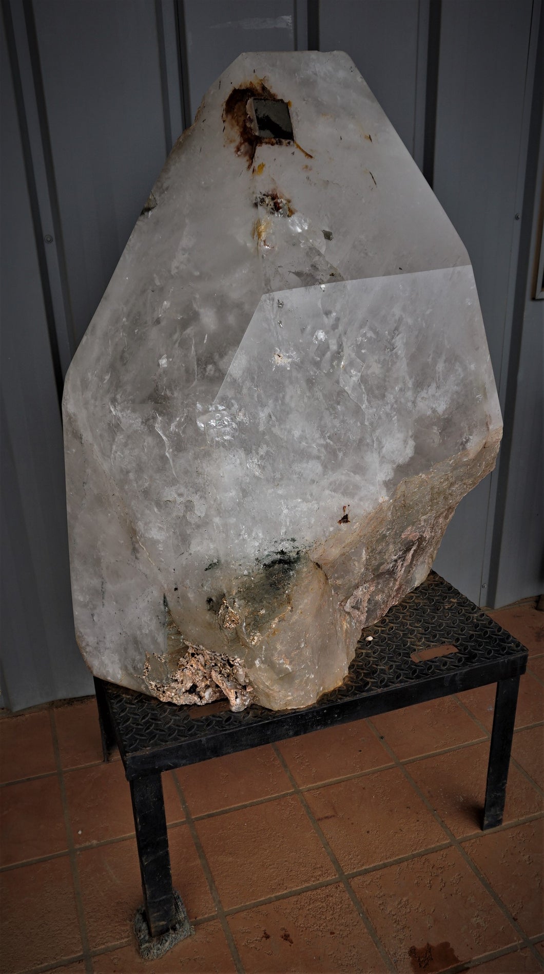 Massive Quartz Crystal  Point with pyrite growth plate