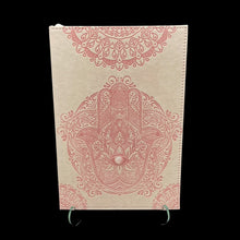 Load image into Gallery viewer, Hamsa Designed Writing Journal In Pink Front Side
