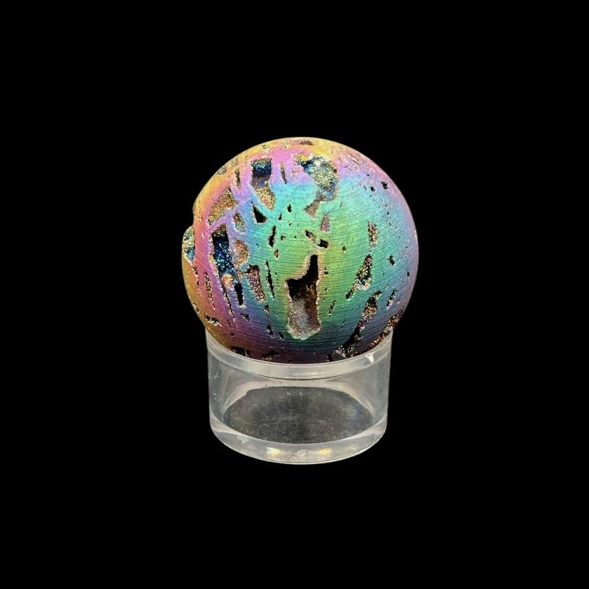 Green, Blue Purple Pink, Gold Tones Front Side Of Titanium Coated Agate Sphere