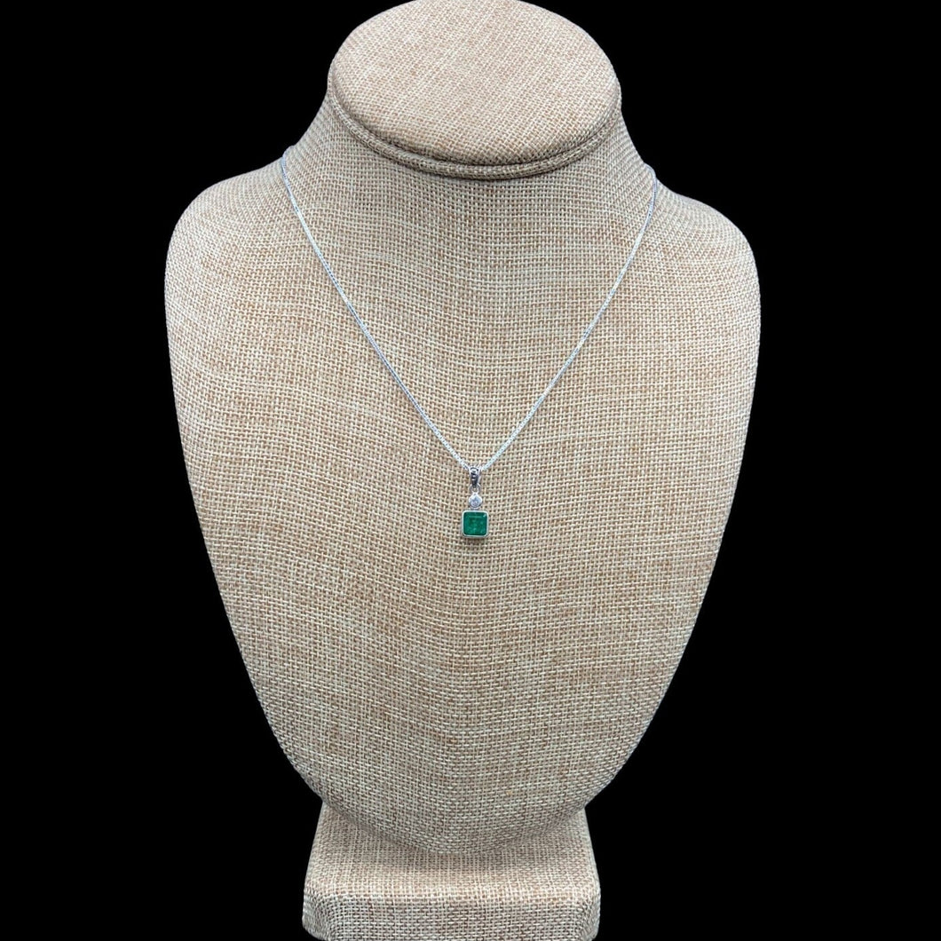 Sterling Silver And Emerald With Diamond Necklace